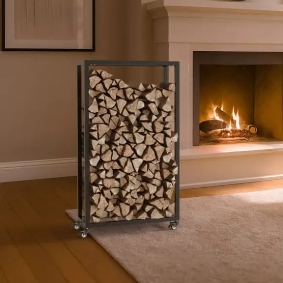 Hilta Metal Firewood Rack - Black, 25x60x100 cm, on Wheels with Lock