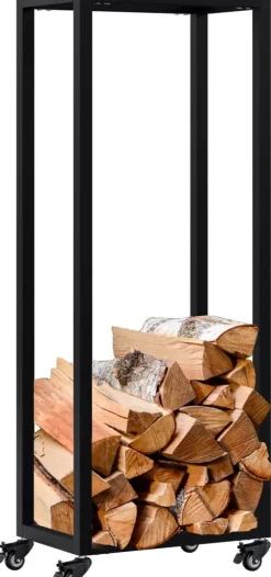 Hilta Metal Log Holder with Wheels, Black, 25x40x100 cm
