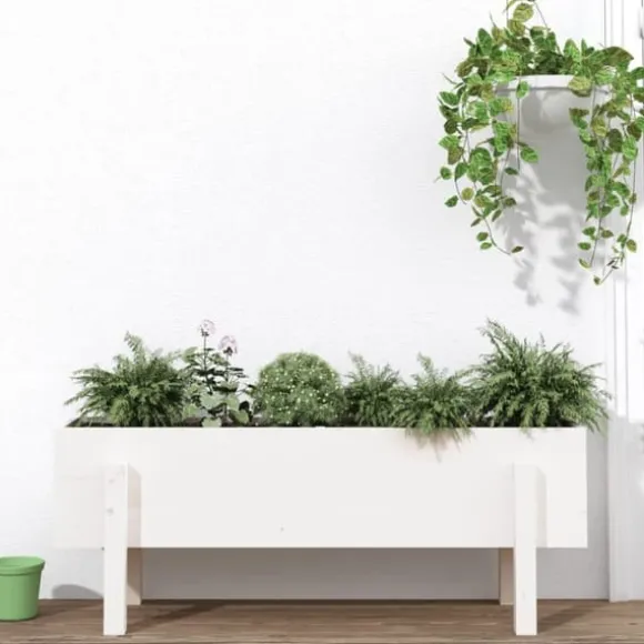 Højbed i massiv fyrretræ - Plantekasse til have | Størrelse: 101x30x38 cm | Farve: Hvid