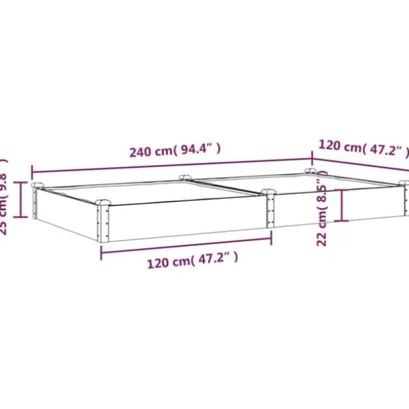Højbed i massivt fyrretræ med foring - Plantekasse | Størrelse: 240x120x25 cm