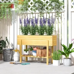Højbed i træ 100x30x70,5 cm med hylde & dræning – vejrbestandig