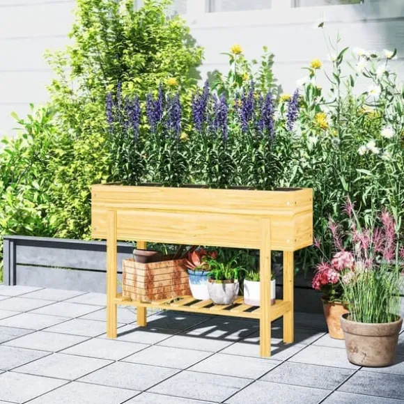 Højbed i træ 100x30x70,5 cm med hylde & dræning – vejrbestandig