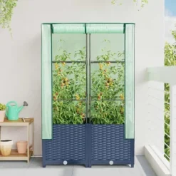 Højbed med drivhusovertræk 80x40x138 cm - Rattan-look | Størrelse: 80x40x138 cm