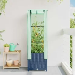 Højbed med drivhusovertræk 40x40x139 cm - Rattan-look | Størrelse: 40x40x139 cm