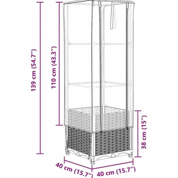 Højbed med drivhusovertræk 40x40x139 cm - Rattan-look | Størrelse: 40x40x139 cm