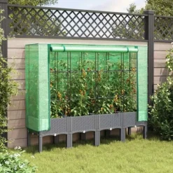 Højbed med drivhusovertræk - Robust rattan-look | Størrelse: 160x40x140 cm