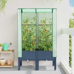 Højbed med drivhusovertræk - Robust design | Størrelse: 80x40x140 cm | Rattan-look