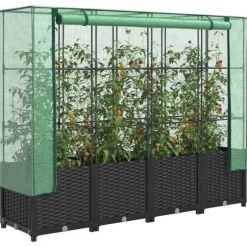 Højbed med drivhusovertræk - Robust konstruktion i rattan-look | Størrelse: 160x40x138 cm