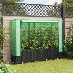 Højbed med drivhusovertræk - Robust konstruktion i rattan-look | Størrelse: 160x40x138 cm
