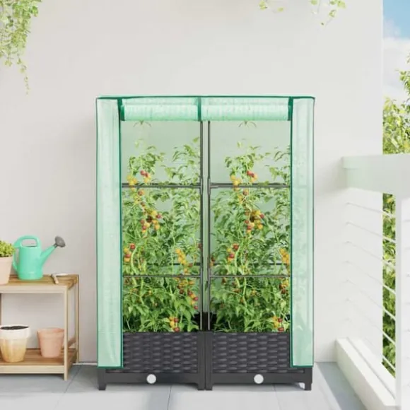 Højbed med drivhusovertræk - Rattan-look | Størrelse: 80x40x123 cm