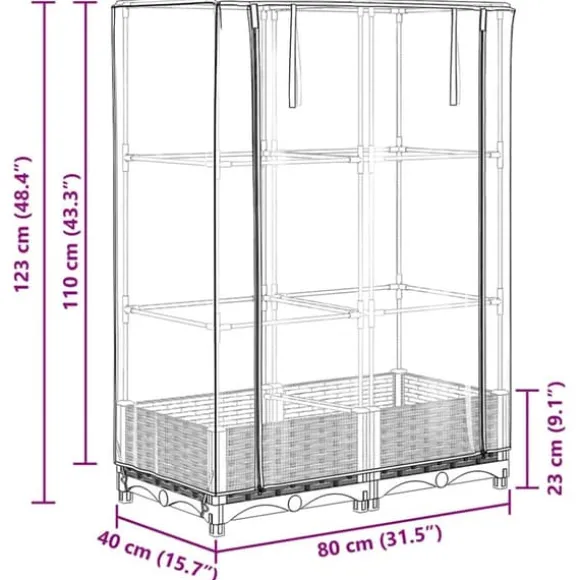 Højbed med drivhusovertræk - Rattan-look | Størrelse: 80x40x123 cm