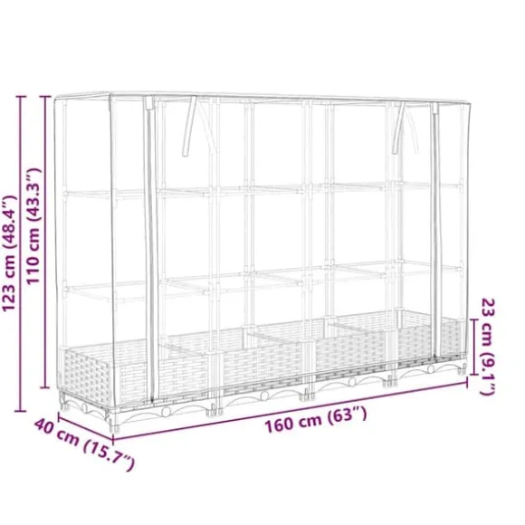 Højbed med drivhusovertræk - Robuste planter i rattan-look | Størrelse: 160x40x123 cm