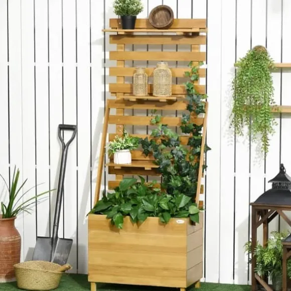 Højbed med espalier & 3 hylder 63x39x160 cm, træ brun – klatreplanter