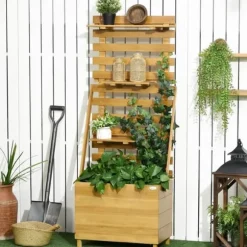 Højbed med espalier & 3 hylder 63x39x160 cm, træ brun – klatreplanter