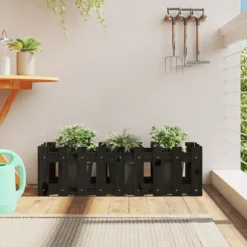 Højbed med stakitdesign - Plantebed i massivt fyrretræ | Størrelse: 100x30x30 cm | Farve: Sort