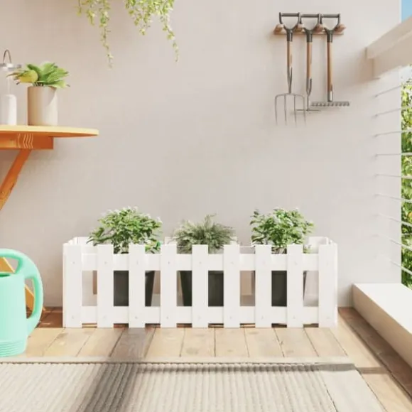 Højbed med stakitdesign i massivt fyrretræ | Størrelse: 100x30x30 cm | Farve: Hvid