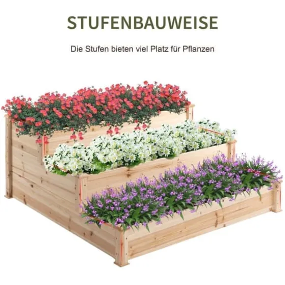 Højbed 3-trins i træ 124x124x56 cm – urte-trappe til balkon & have