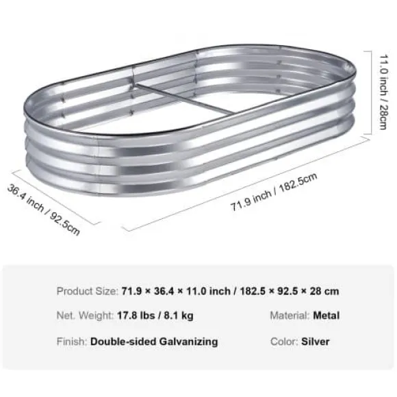 Højbeds plantekasse, 182,5x92,5x28 cm, Sølv, Metal