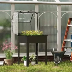 Højbedsplantekasse med overdækning 60x60x120 cm, metal med dræning – vejrbestandigt urte-/grøntsagsbed, sort
