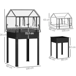Højbedsplantekasse med overdækning 60x60x120 cm, metal med dræning – vejrbestandigt urte-/grøntsagsbed, sort