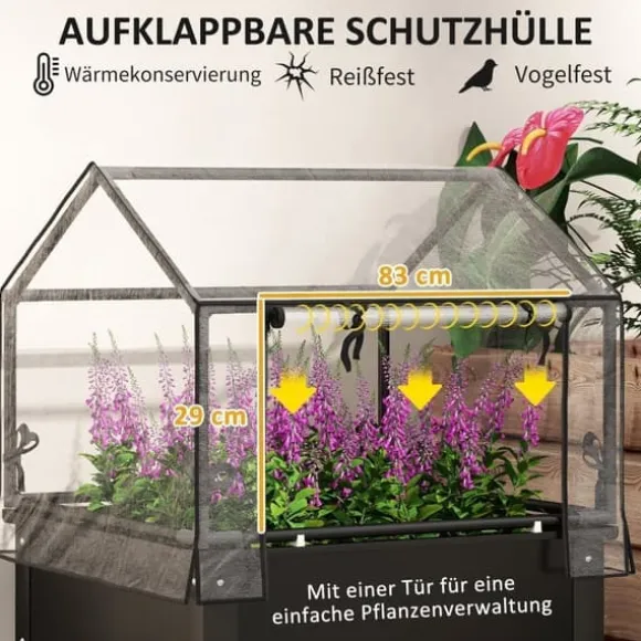 Højbedsplantekasse med overdækning 60x60x120 cm, metal med dræning – vejrbestandigt urte-/grøntsagsbed, sort
