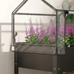 Højbedsplantekasse med overdækning 60x60x120 cm, metal med dræning – vejrbestandigt urte-/grøntsagsbed, sort