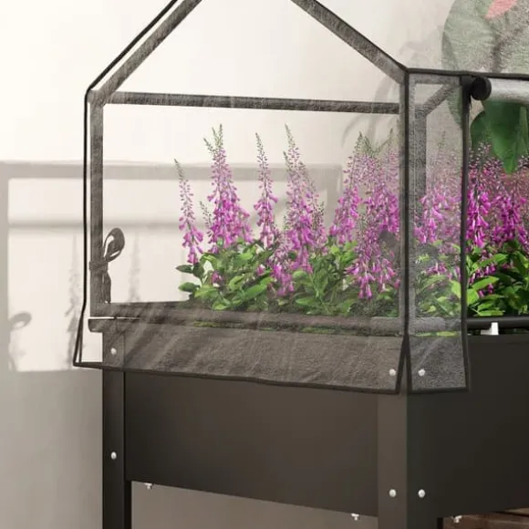 Højbedsplantekasse med overdækning 60x60x120 cm, metal med dræning – vejrbestandigt urte-/grøntsagsbed, sort