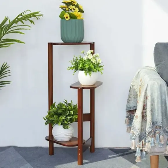 Hjørne Plantestativ - Blomsterhylde - 3 Etager - Træ - Inde/Ude - Nem Montering - Brun