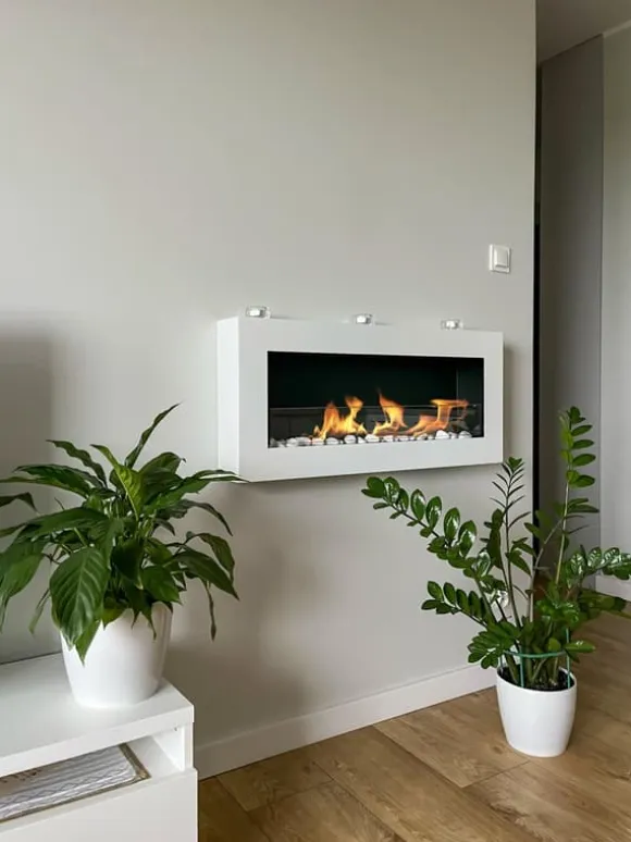 Hængende ethanolkomfur Biokomfur Hængende Bioethanolbrænder Bioethanolbrænder BOX 90 cm x 40 cm x 12 cm mat hvid med glas økologisk komfur