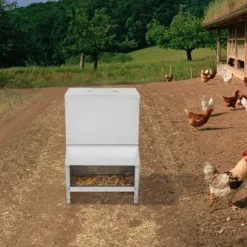Hønsefoderautomat i metal - Fjerkræ fodertrug - Med låg - Til høns og ænder - Sølv