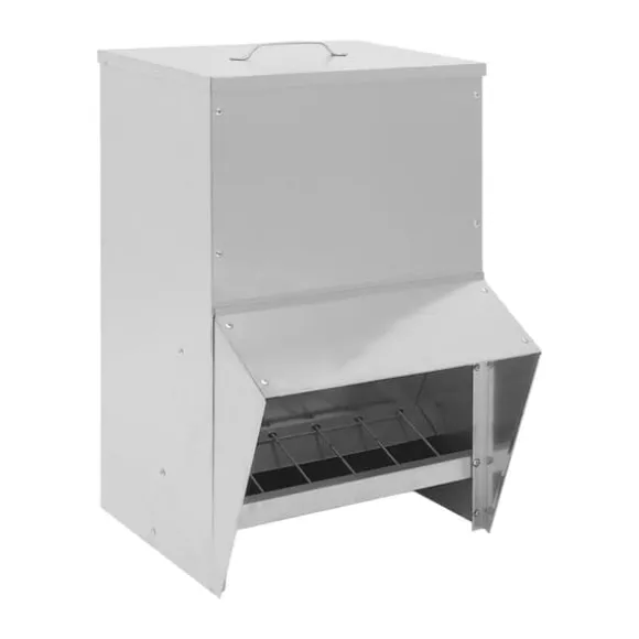 Hønsefoderautomat i metal - Fjerkræ fodertrug - Med låg - Til høns og ænder - Sølv