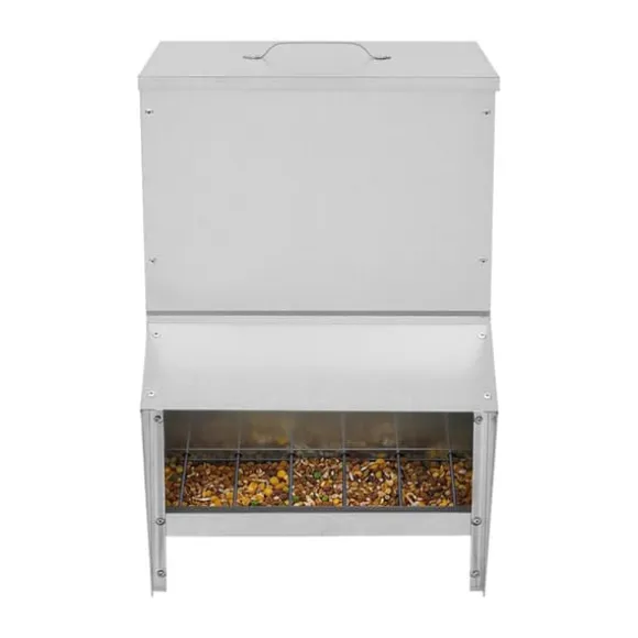 Hønsefoderautomat i metal - Fjerkræ fodertrug - Med låg - Til høns og ænder - Sølv