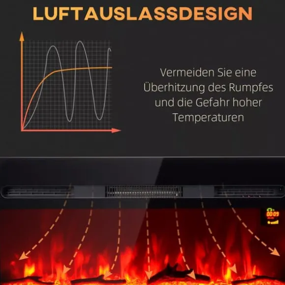 HOMCOM Elektrisk vægpejs 1800W med LED flammeeffekt, 3 flamme farver, 5 lysstyrker, sort, hærdet glas