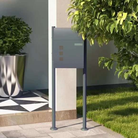 HOMCOM Postkasse med Stativ og Avisrum, Galvaniseret Stål, Antracit (44x15x114cm)