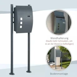 HOMCOM Postkasse med Stativ og Avisrum, Galvaniseret Stål, Antracit (44x15x114cm)