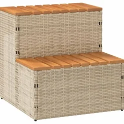 Hot Tub Trin i Polyrattan og Akacietræ - Sikker Ind- og Udstigning | Farve: Beige | Størrelse: 50x50x50,5 cm