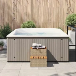 Hot Tub Trin i Polyrattan og Akacietræ - Sikker Ind- og Udstigning | Farve: Beige | Størrelse: 50x50x50,5 cm