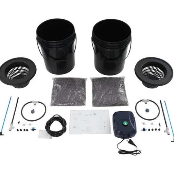 Hydroponisk DWC dyrkningssystem - Komplet sæt - 2×18,9 L spande - Luftpumpe 4×4 L/min - 220V 50Hz EU-stik - PP-plast - Sort