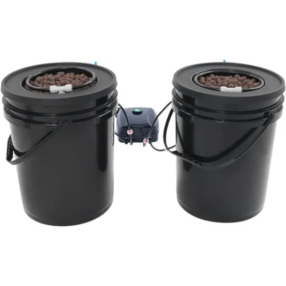 Hydroponisk DWC dyrkningssystem - Komplet sæt - 2×18,9 L spande - Luftpumpe 4×4 L/min - 220V 50Hz EU-stik - PP-plast - Sort