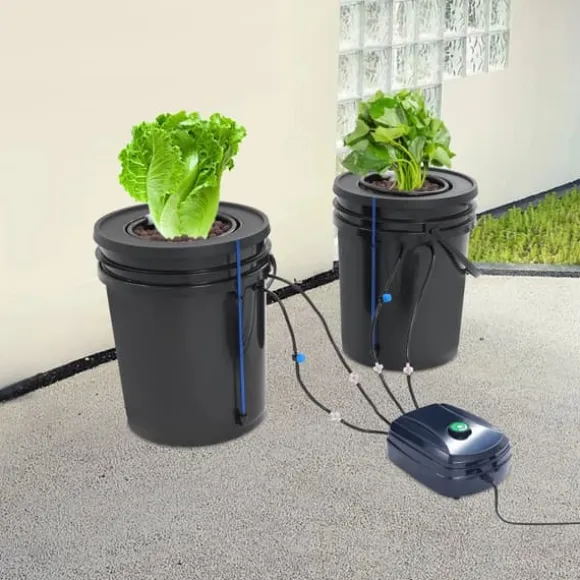 Hydroponisk DWC dyrkningssystem - Komplet sæt - 2×18,9 L spande - Luftpumpe 4×4 L/min - 220V 50Hz EU-stik - PP-plast - Sort