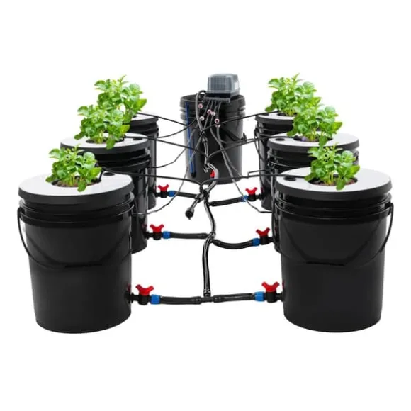 Hydroponisk dyrkning - DWC system - 7 spande - 20 L pr. spand - EU-stik 220–240 V 9 W - 30×38 cm - Sort