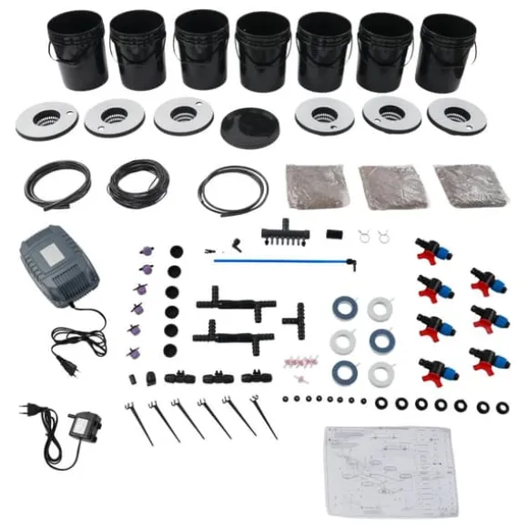 Hydroponisk dyrkning - DWC system - 7 spande - 20 L pr. spand - EU-stik 220–240 V 9 W - 30×38 cm - Sort