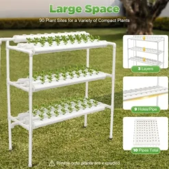 Hydroponisk dyrkningsanlæg - Havekit - 3 niveauer - 90 plantepladser - Fritstående - EU-stik - 102×40×100 cm - Hvid
