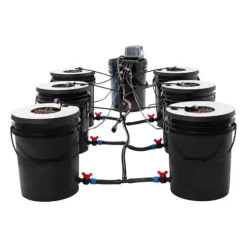 Hydroponisk dyrkningsanlæg - DWC sæt med 7 spande - 20 l pr. spand - Luftpumpe EU-stik - Max løftehøjde 1,2 m - PP - Sort