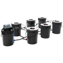 Hydroponisk dyrkningsanlæg - DWC sæt med 7 spande - 20 l pr. spand - Luftpumpe EU-stik - Max løftehøjde 1,2 m - PP - Sort