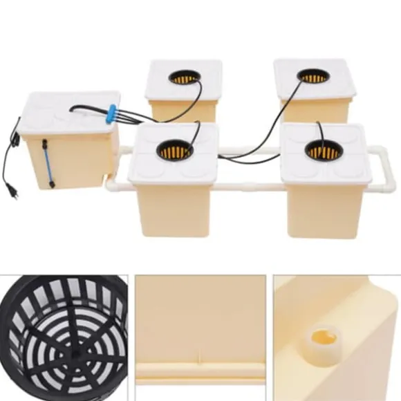 Hydroponisk dyrkningsanlæg - 4-spands drypvandingskit indendørs - Hver spand 11 L - Pumpe 220–240 V/50 Hz - 4 W - 300 L/t - PP-plast