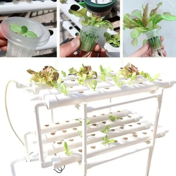 Hydroponisk Dyrkningssæt - Hydroponisk Plantesystem - 2 Niveauer - 72 Plantepladser - Vandingssystem - Hvid