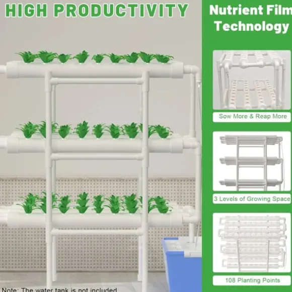 Hydroponisk dyrkningssæt - NFT-system 3-lags - 108 huller - Jordløs dyrkning - Plast, plantepotter, komplet sæt - Hvid