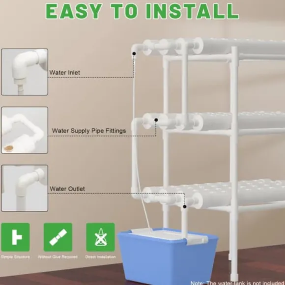 Hydroponisk dyrkningssæt - NFT-system 3-lags - 108 huller - Jordløs dyrkning - Plast, plantepotter, komplet sæt - Hvid