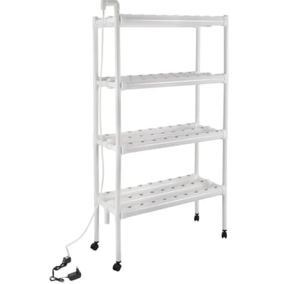 Hydroponisk dyrkningssæt - Plantehylde - 108 Plantepladser - Pumpe & Hjul - Hul Ø32 mm - 89×36×144 cm - EU/US-stik - Hvid